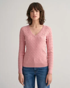 Stretch Cotton Cable Knit V-Neck Sweater