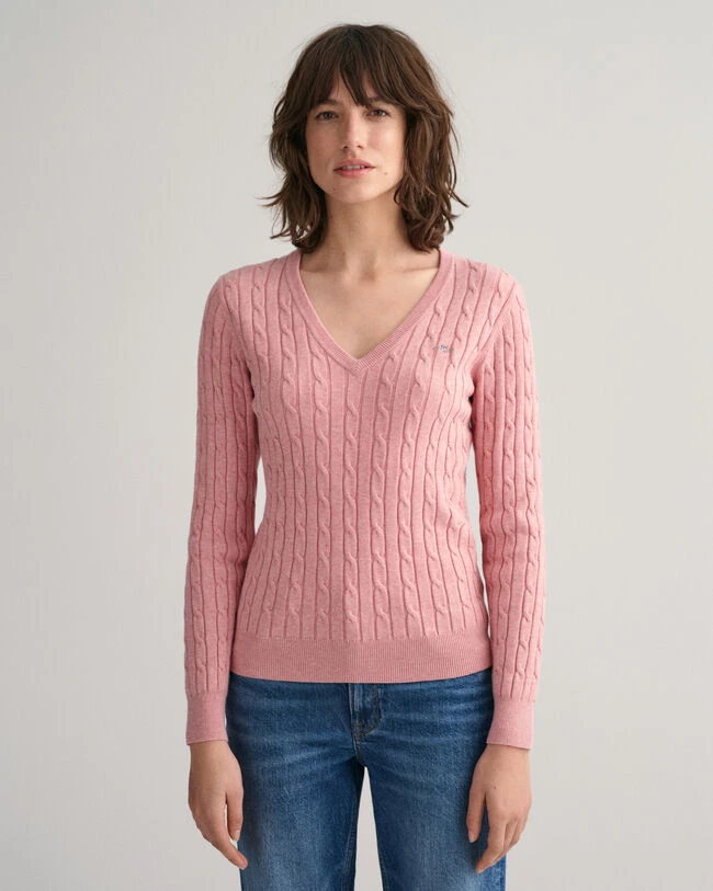 Stretch Cotton Cable Knit V-Neck Sweater 3 Stretch Cotton Cable Knit V-Neck Sweater