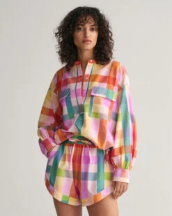 Multi Checked Cotton Silk Popover Blouse