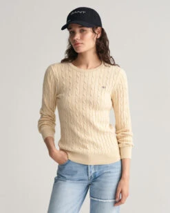Stretch Cotton Cable Knit Crew Neck Sweater